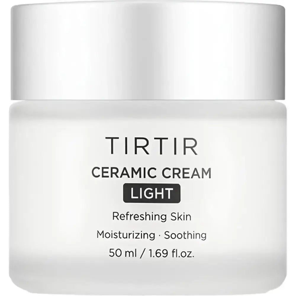 TIRTIR Ceramic Cream Light. Weißer Tiegel mit silbernem Deckel. Text: TIRTIR, CERAMIC CREAM LIGHT, Refreshing Skin, 50 ml / 1.69 fl.oz.