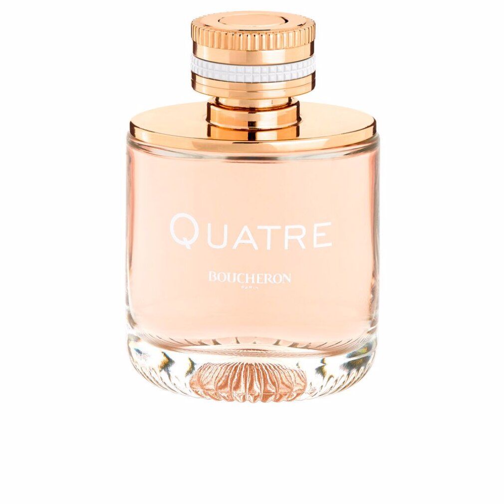 Parfümflakon mit goldfarbenem Verschluss und weißem Ring. Aufschrift: Quatre, Boucheron. Rosa Flüssigkeit.
