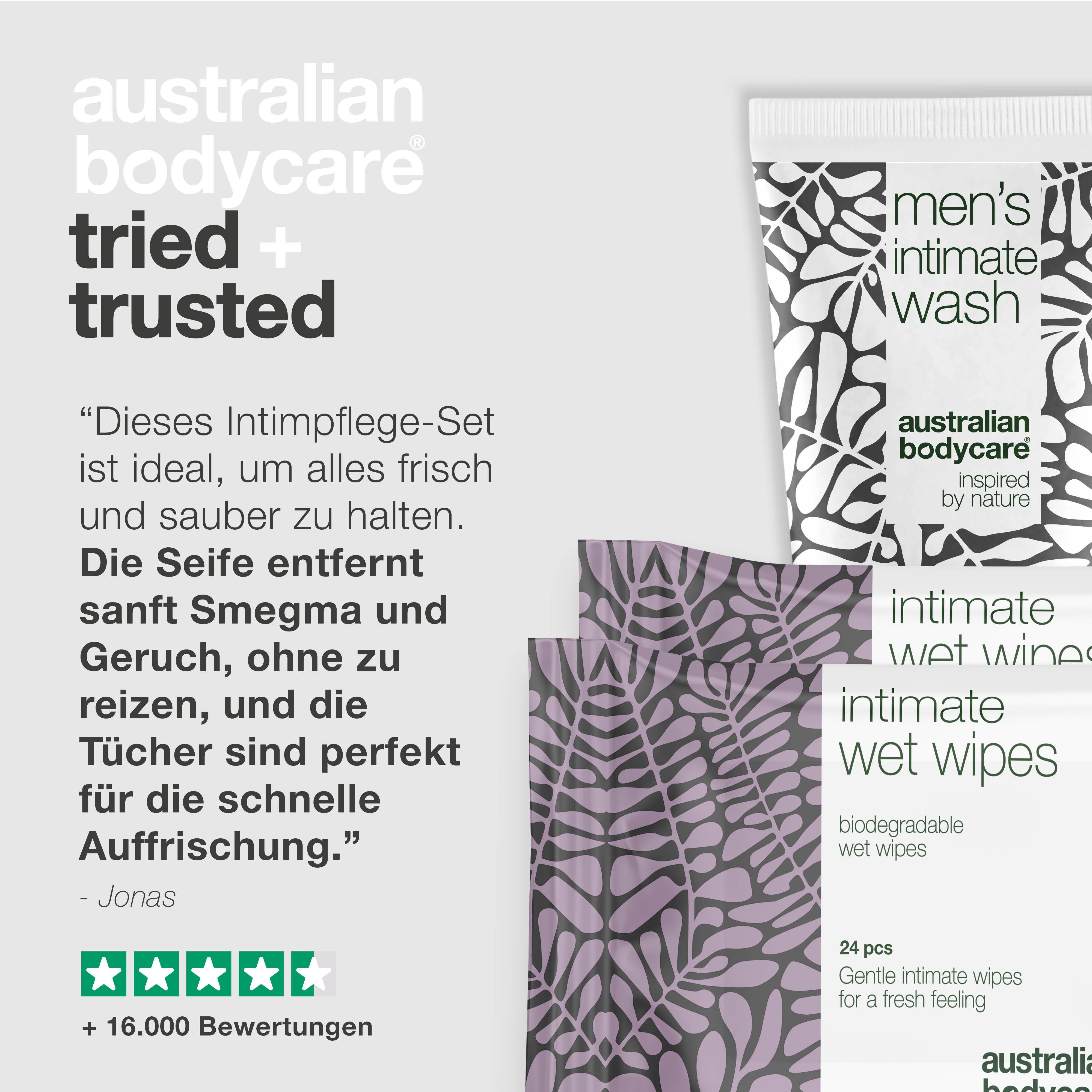 Intimwaschgel und Feuchttücher. Marke: Australian Bodycare. Text: Getestet und vertraut.