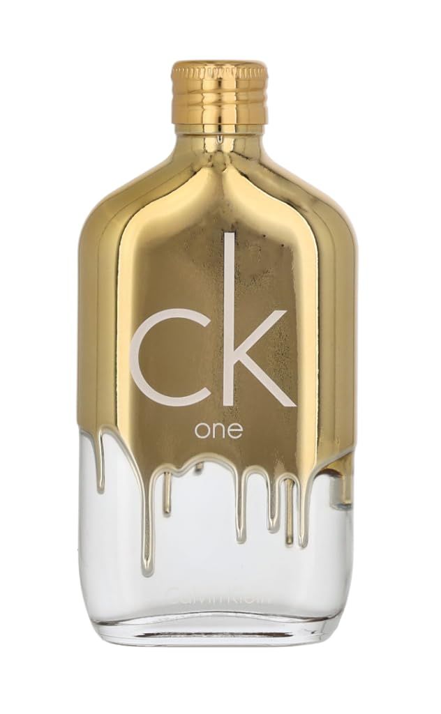 Calvin Klein CK One Gold Eau de Toilette Flasche, goldfarben mit tropfendem Design.