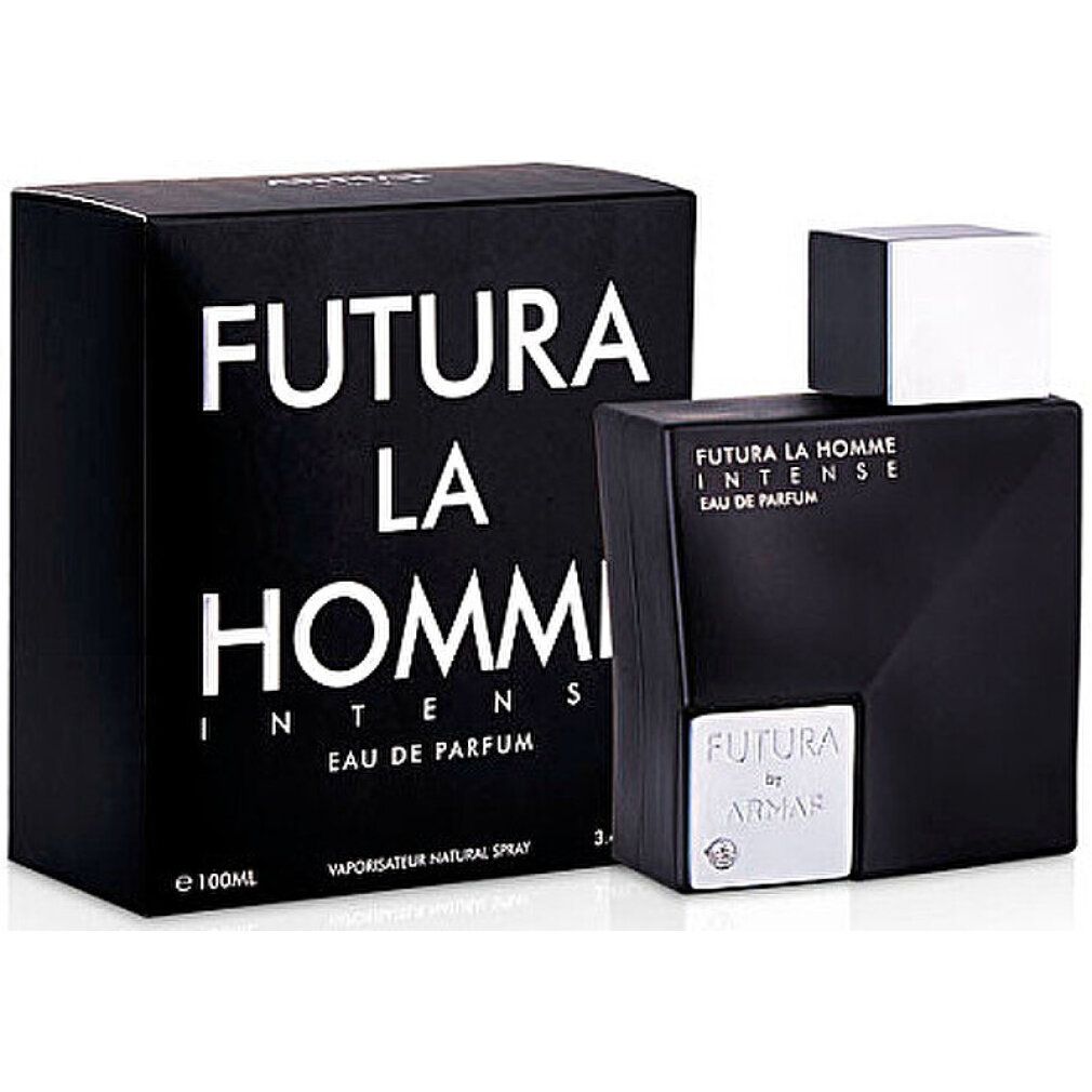 Schwarzer Flakon und Verpackung. Aufschrift: FUTURA LA HOMME INTENSE EAU DE PARFUM. Weißer Verschluss. Marke: Armaf.