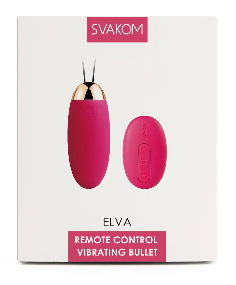 Verpackung mit rosa Vibrator, Fernbedienung. Text: Svakom, Elva, Remote Control Vibrating Bullet.