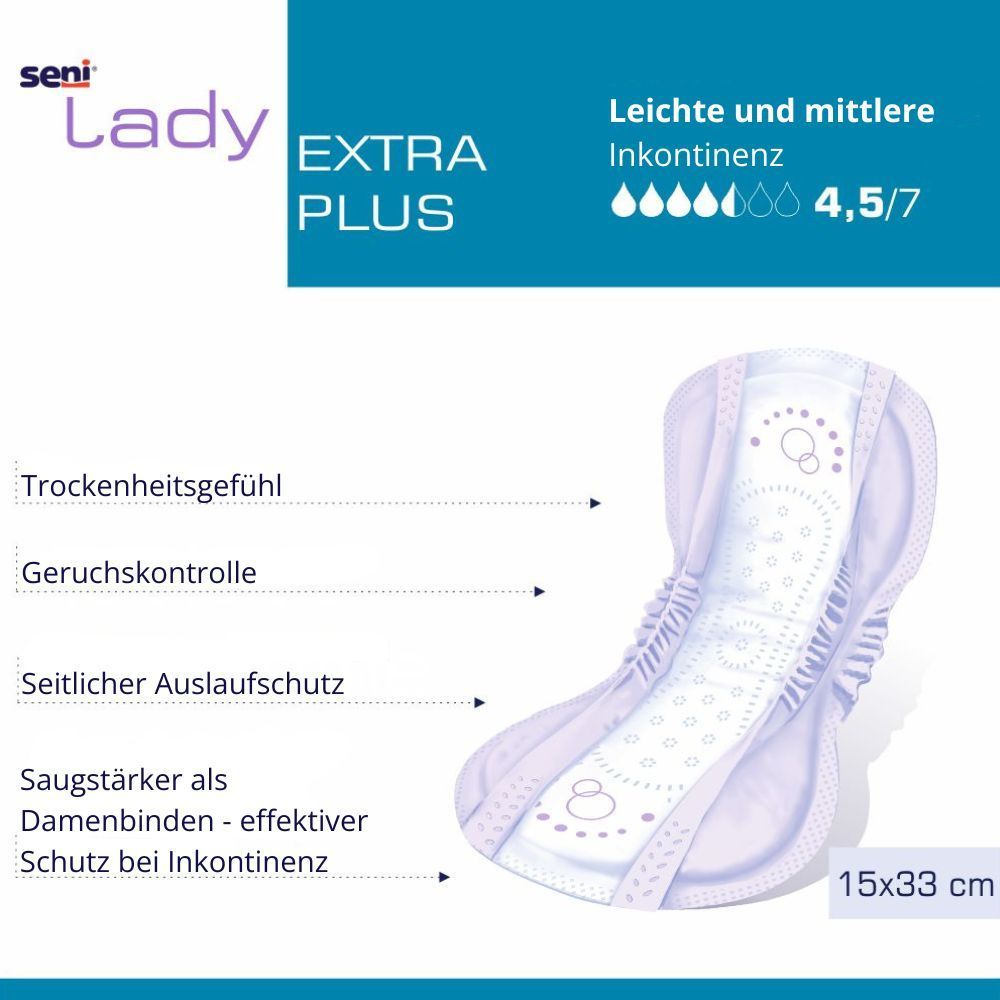 Seni Lady Extra Plus. Produkt mit weißer Oberfläche und rosa Details. Abmessungen: 15x33 cm. Text: Trockenheitsgefühl, Geruchskontrolle.
