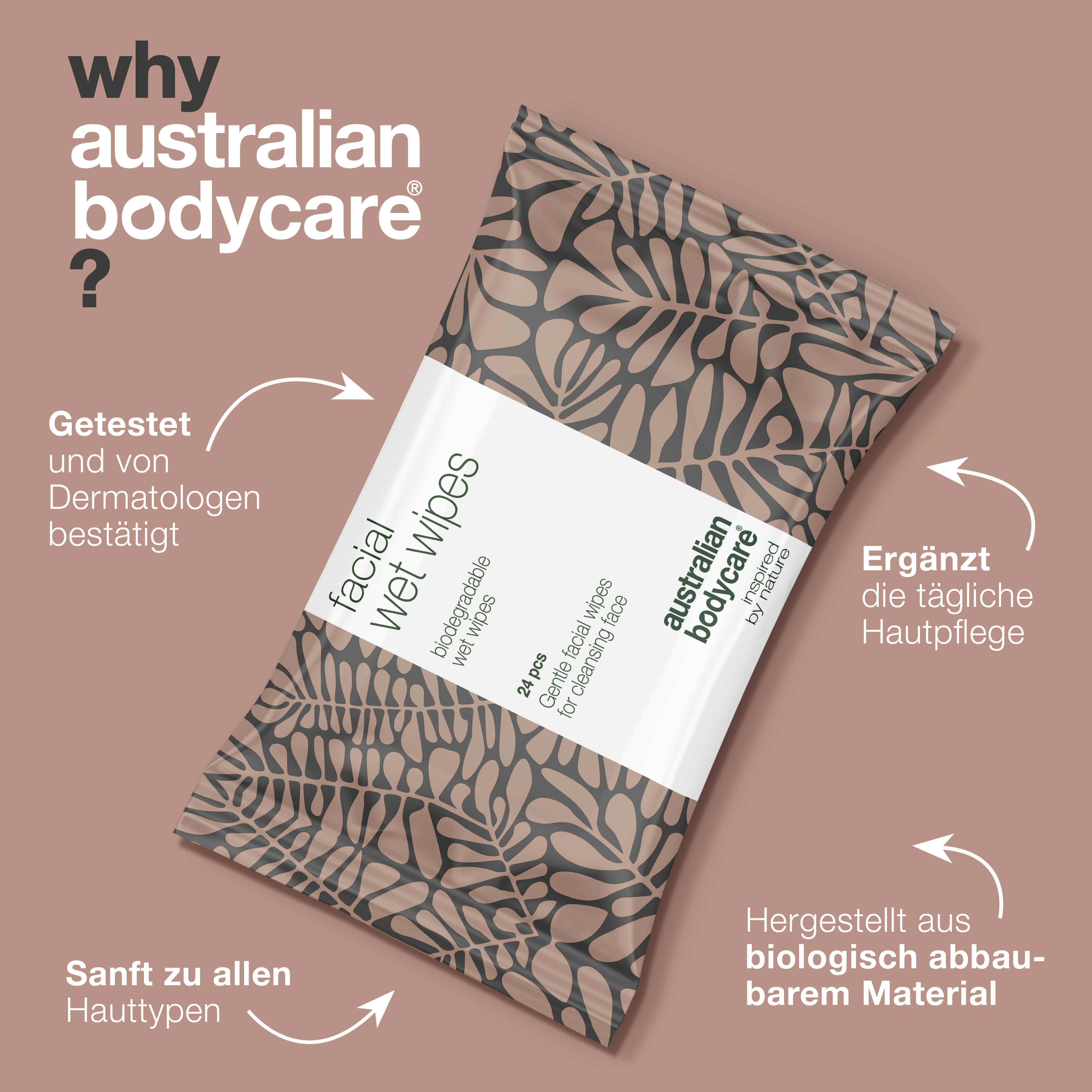 Packung Abschminktücher. Text: facial wet wipes, Australian Bodycare. Hintergrund: braun.