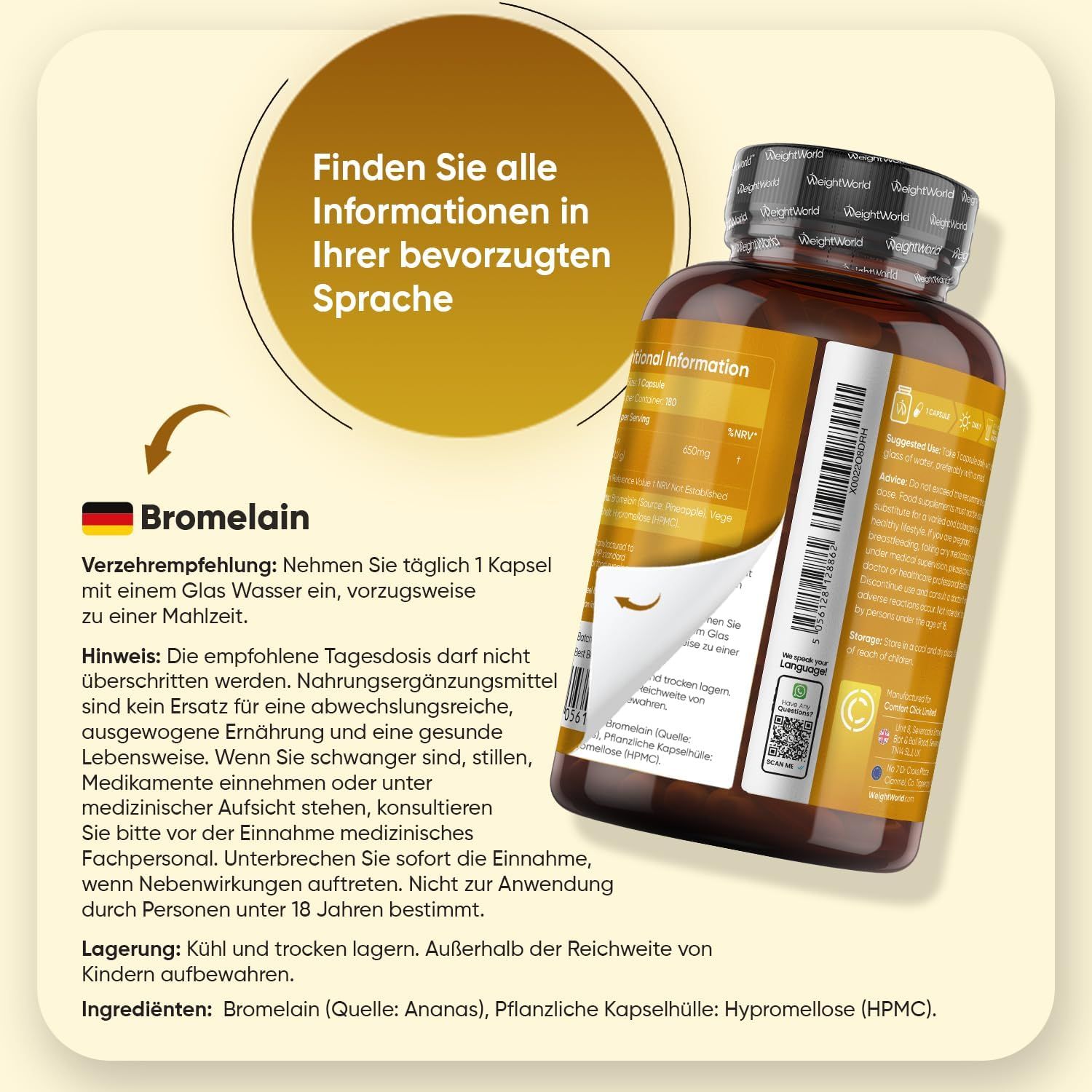 Braune Flasche WeightWorld Bromelain Kapseln, teilweise geöffnet. Text: Informationen in Ihrer bevorzugten Sprache. Inhaltsstoffe: Bromelain (Ananas), pflanzliche Kapselhülle.