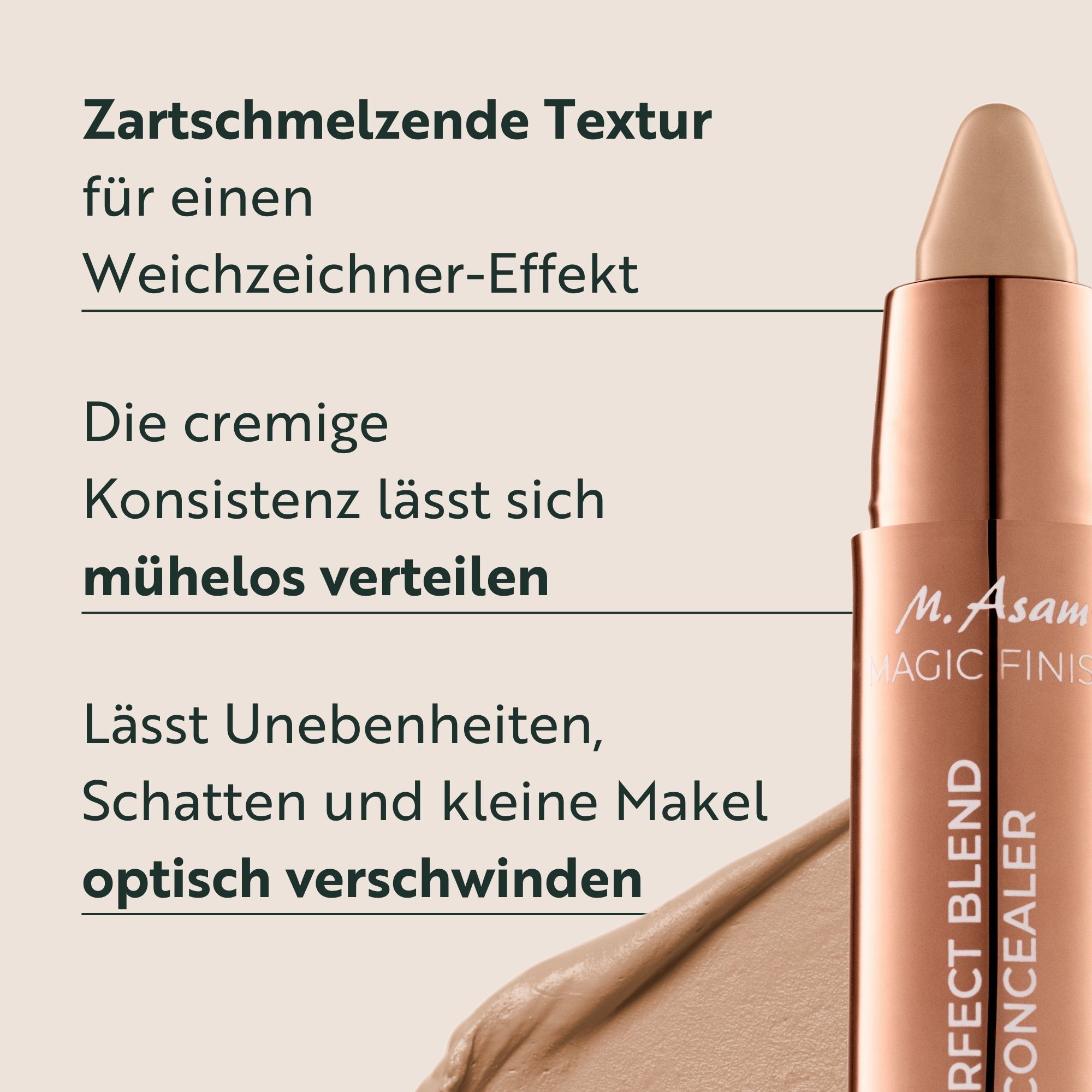 Concealer-Stift mit Text. Text: Zartschmelzende Textur, cremige Konsistenz, lässt sich mühelos verteilen. Marke: M. Asam MAGIC FINISH PERFECT BLEND CONCEALER.