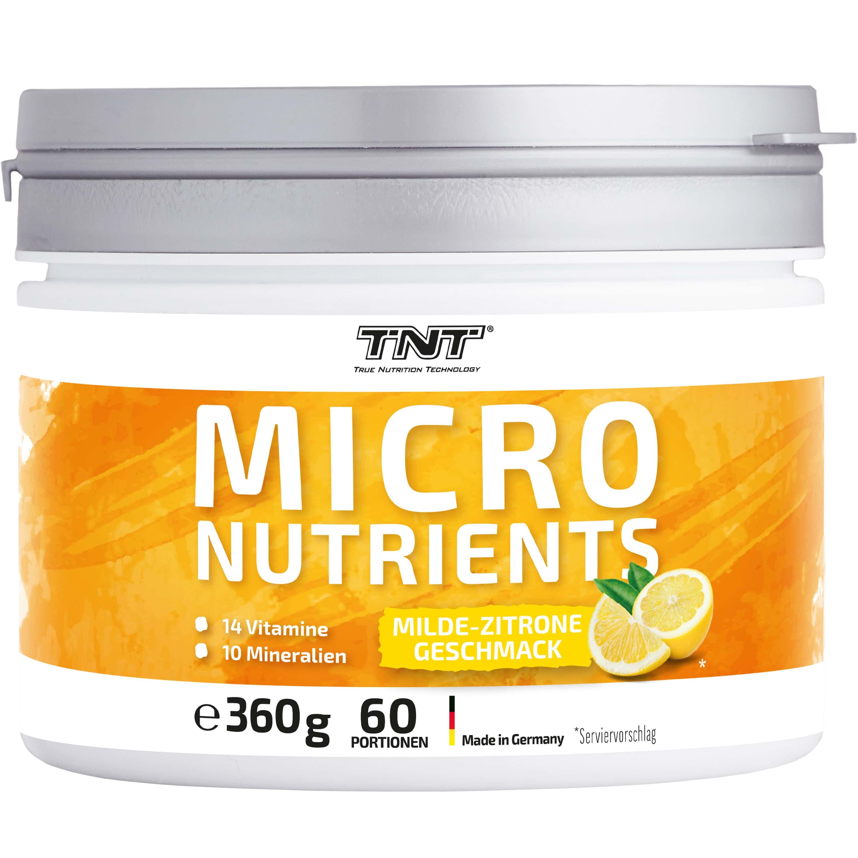 Weißer Behälter mit Deckel. Aufschrift: MICRO NUTRIENTS, 14 Vitamine, 10 Mineralien, 360g, 60 Portionen, milder Zitronengeschmack.