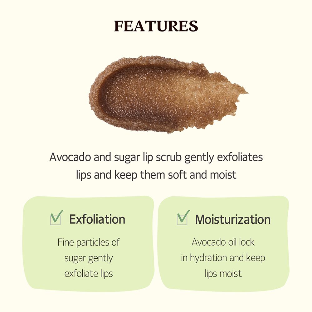 Haufen Lip Scrub. Text: Avocado and sugar lip scrub gently exfoliates lips and keep them soft and moist.