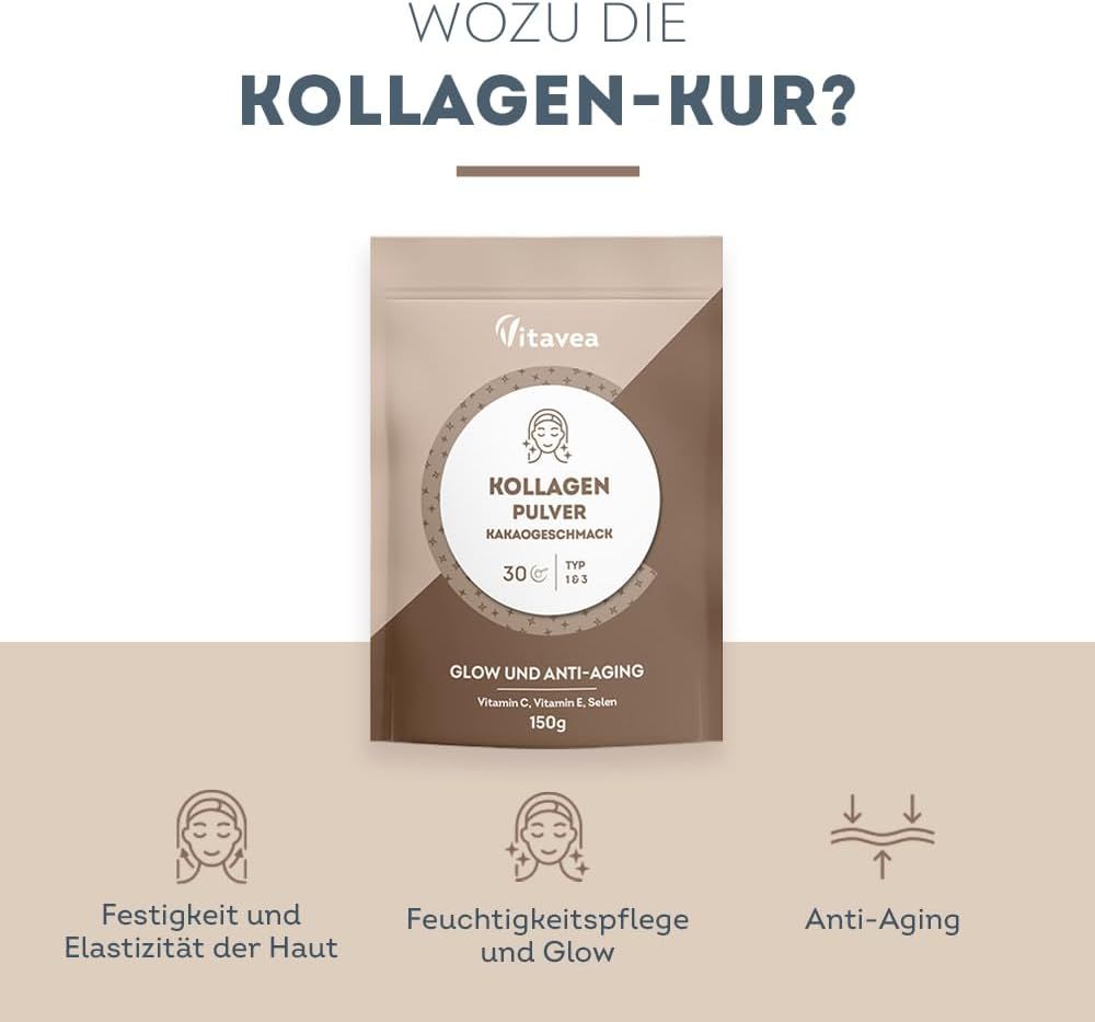 Werbung für Kollagenpulver. Text: Wozu die Kollagen-Kur? Festigkeit und Elastizität, Feuchtigkeitspflege und Glow, Anti-Aging. Produktverpackung.