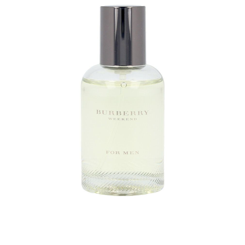 Burberry Weekend Eau de Toilette für Männer. Flakon mit silbernem Deckel. Aufschrift: Burberry Weekend, For Men.
