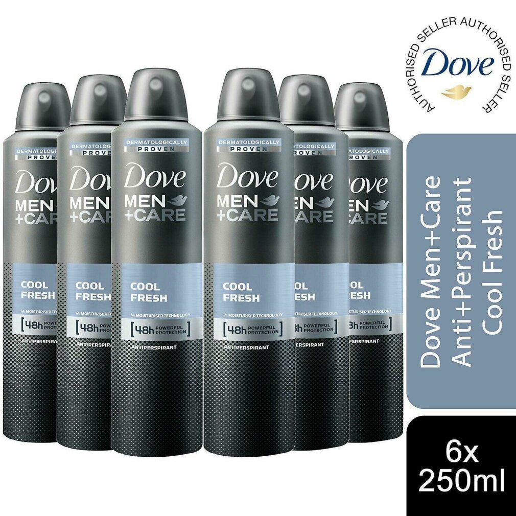 Sechs Dove Men+Care Cool Fresh Deosprays. Graue Behälter mit blauen Streifen. Text: Cool Fresh, 48h Protection. Dove-Logo und Text: Anti+Perspirant.
