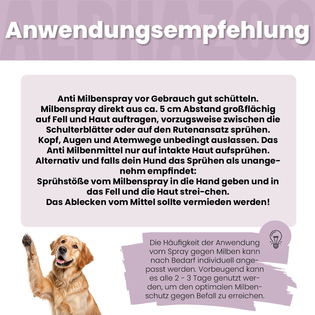Anwendungsempfehlung. Text: Anti Milbenspray auf Fell auftragen. Hund.