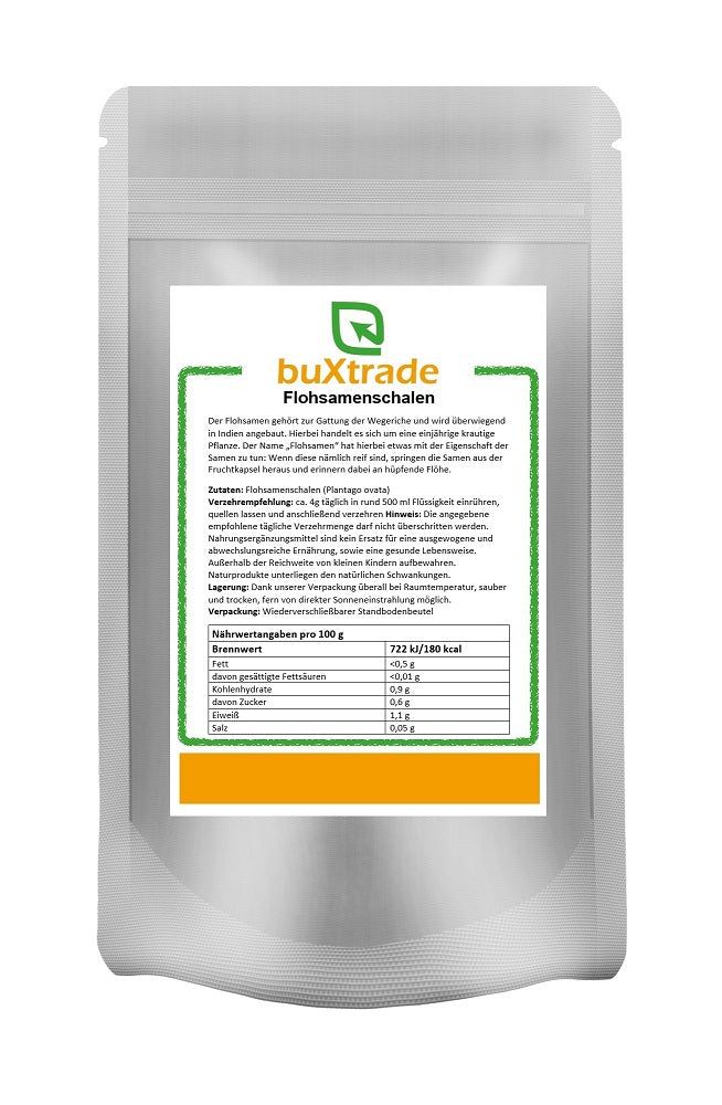 Beutel mit buXtrade Flohsamenschalen. Weißer Beutel mit grünem Etikett, Text und Nährwertangaben.