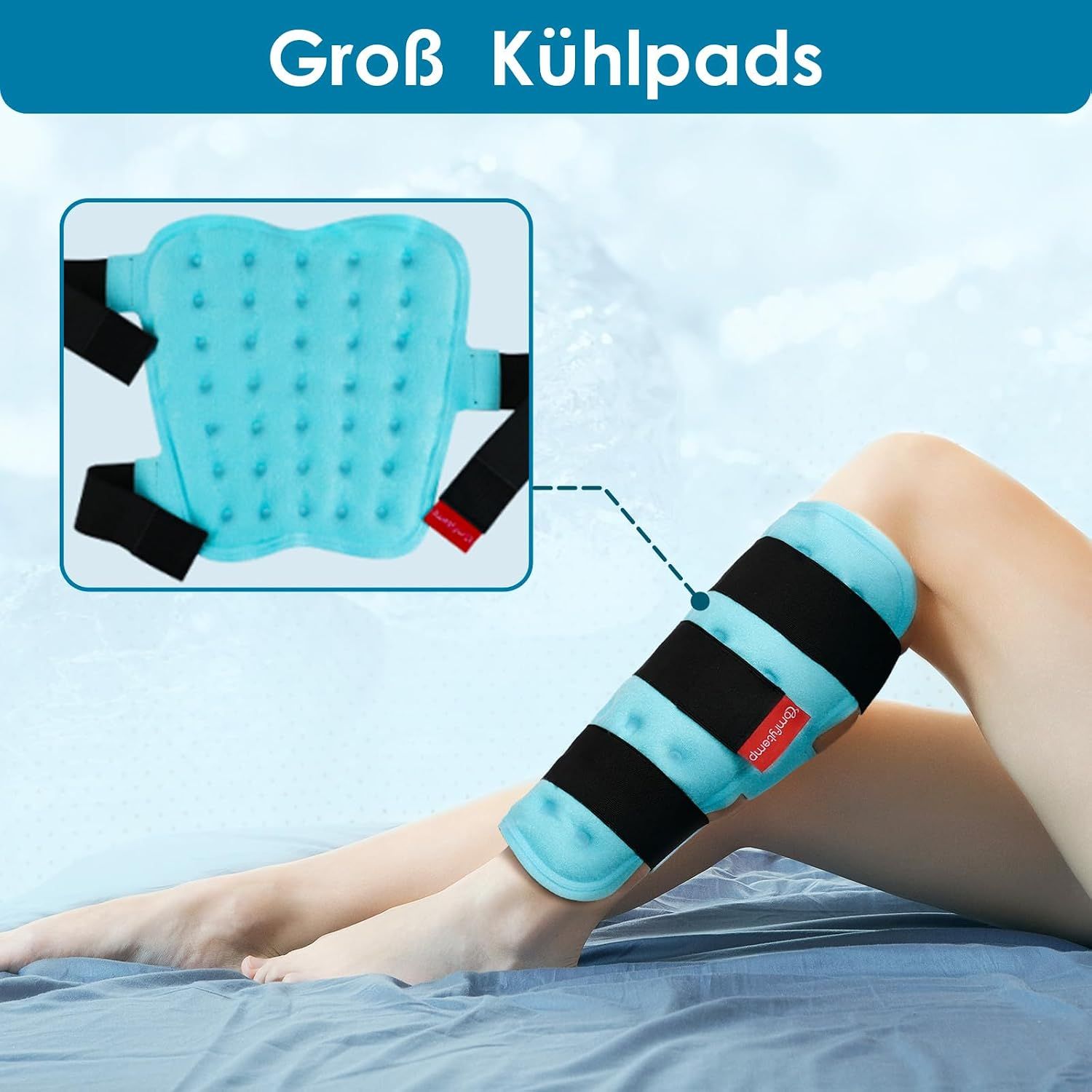 Blaue Kühlbandage mit schwarzen Klettverschlüssen, die an einem Unterschenkel angebracht ist.