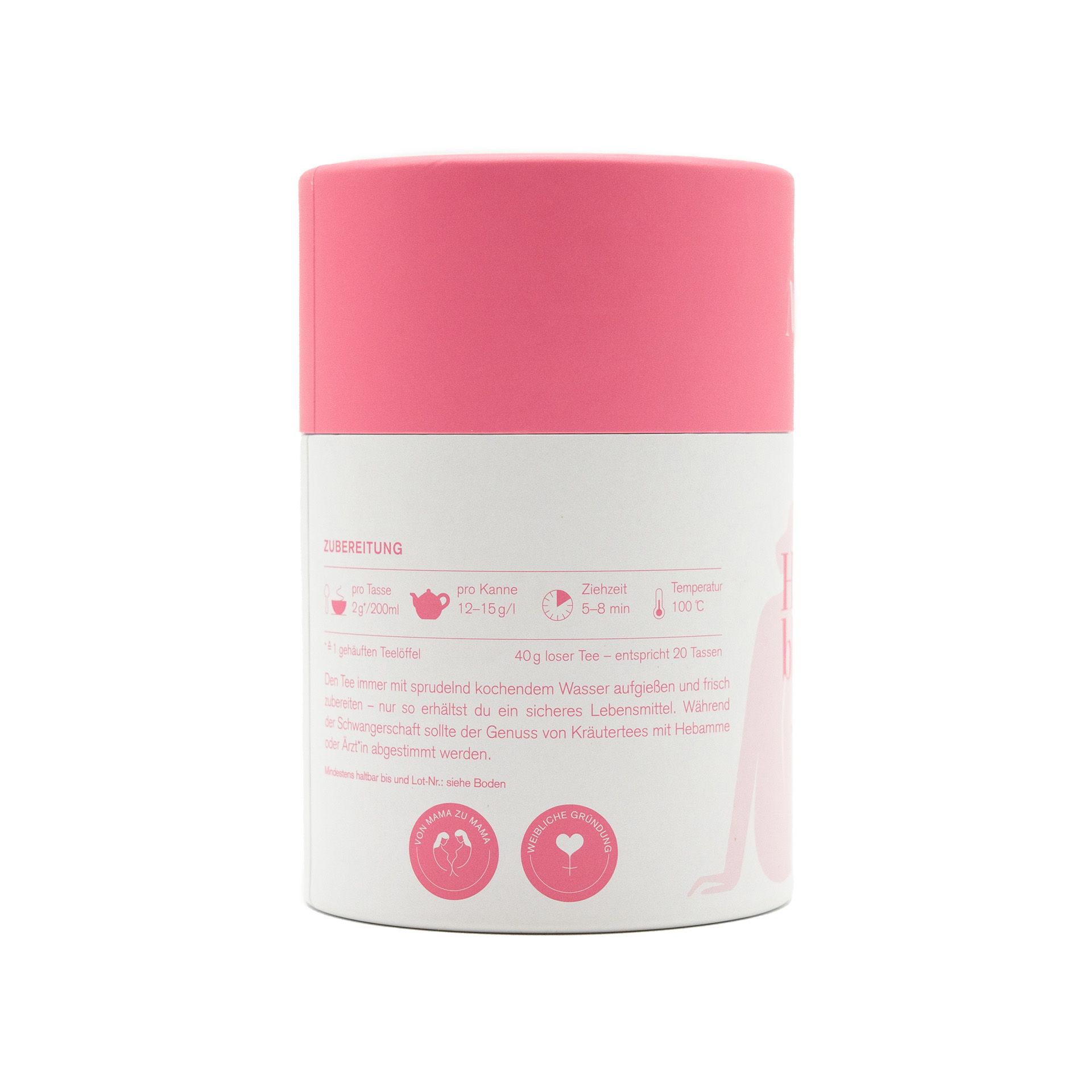 Zylindrische Teedose mit rosa Deckel. Zubereitungshinweise und zwei Logos. 40g loser Tee, entspricht 20 Tassen.