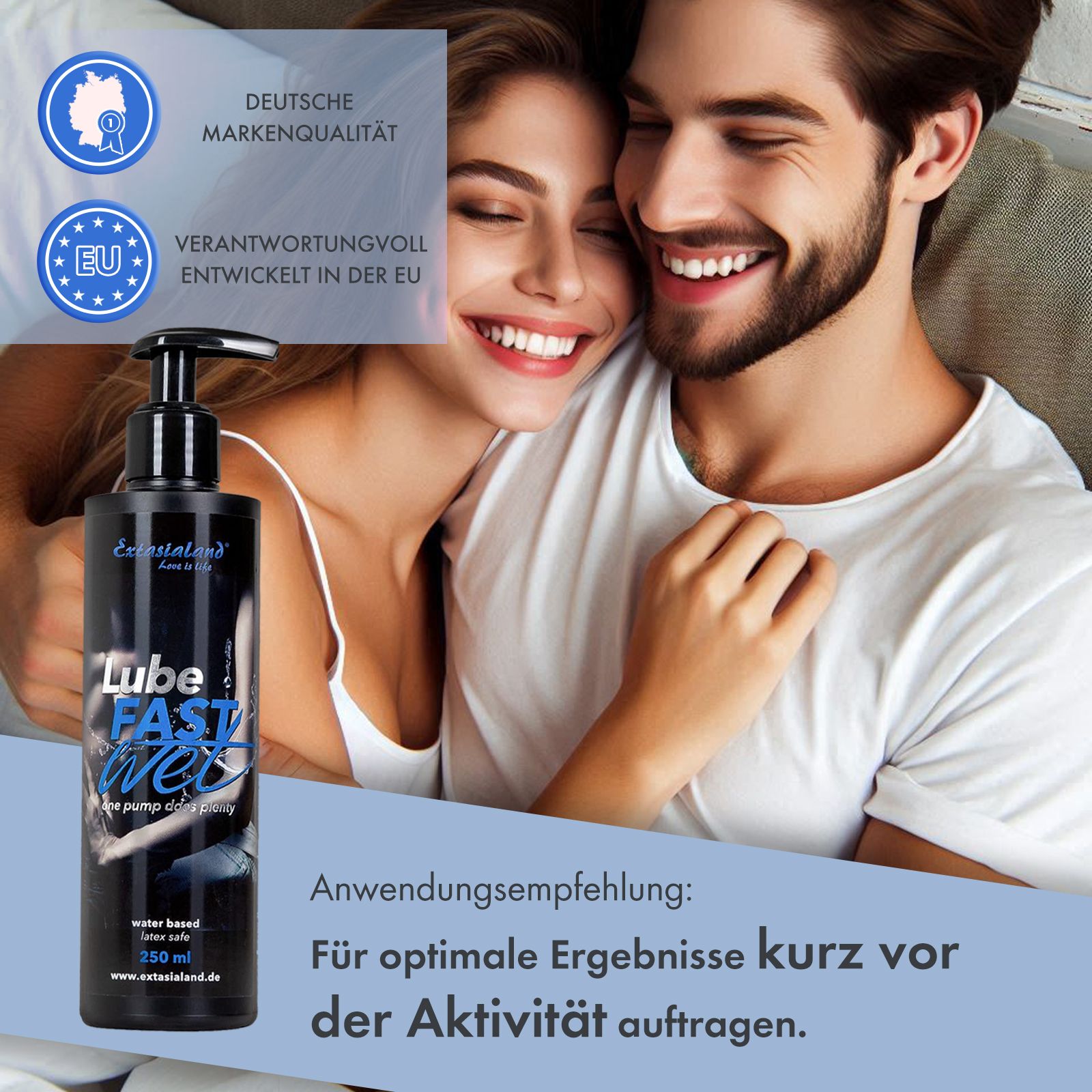 Schwarze Flasche mit Pumpe. Aufschrift: Lube Fast Wet. 250 ml. Wasserbasiert. Paar im Bett. Text: Anwendungsempfehlung: kurz vor der Aktivität.