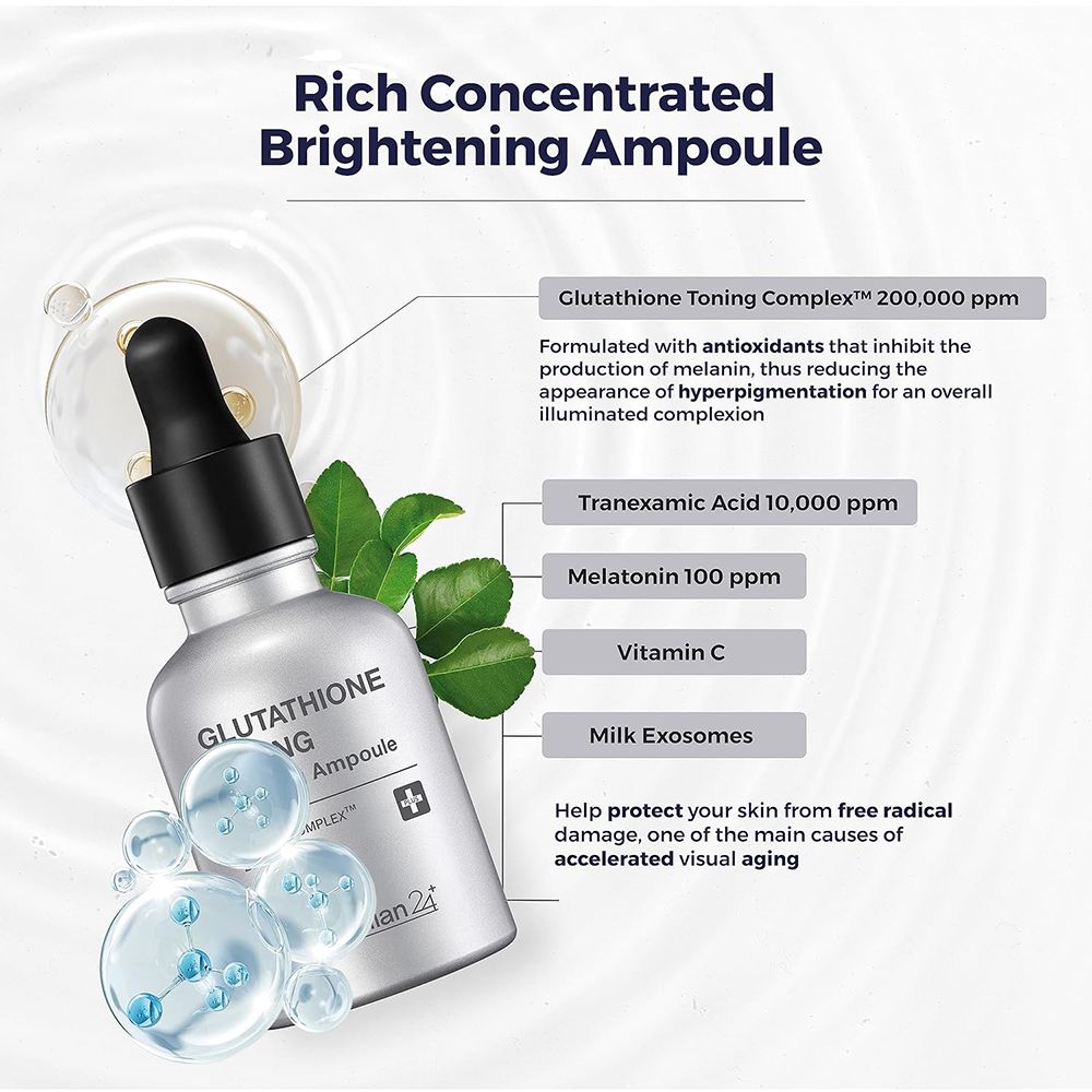 Silberne Ampulle mit Pipette, beschriftet mit 'Glutathione Brightening Ampoule'. Enthält Glutathion Toning Complex, Tranexamsäure, Melatonin, Vitamin C und Milch-Exosomen.