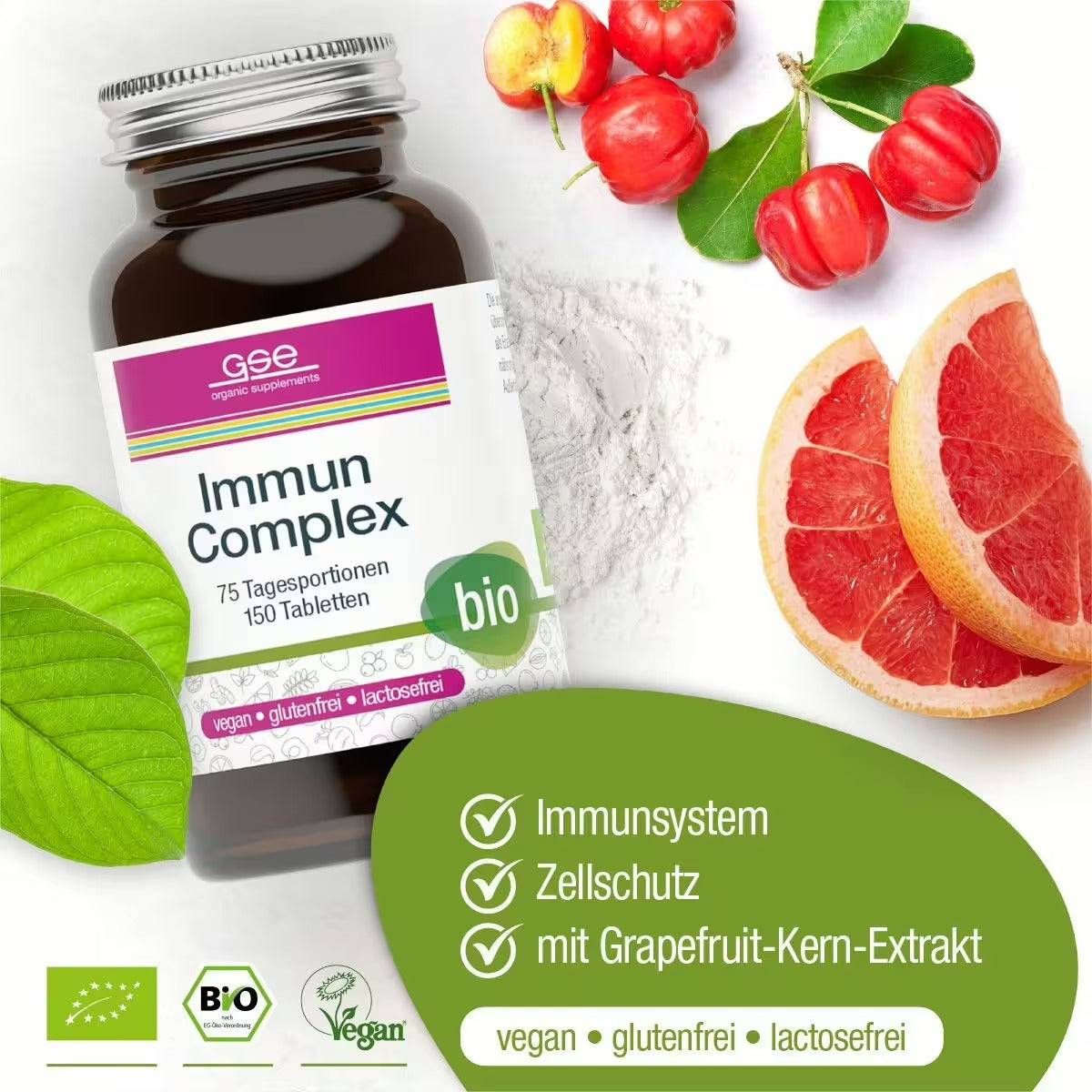 Flasche GSE Immun Complex neben Grapefruit und Früchten. Aufschrift: Immun Complex, 75 Tagesportionen, bio, vegan, glutenfrei, lactosefrei.