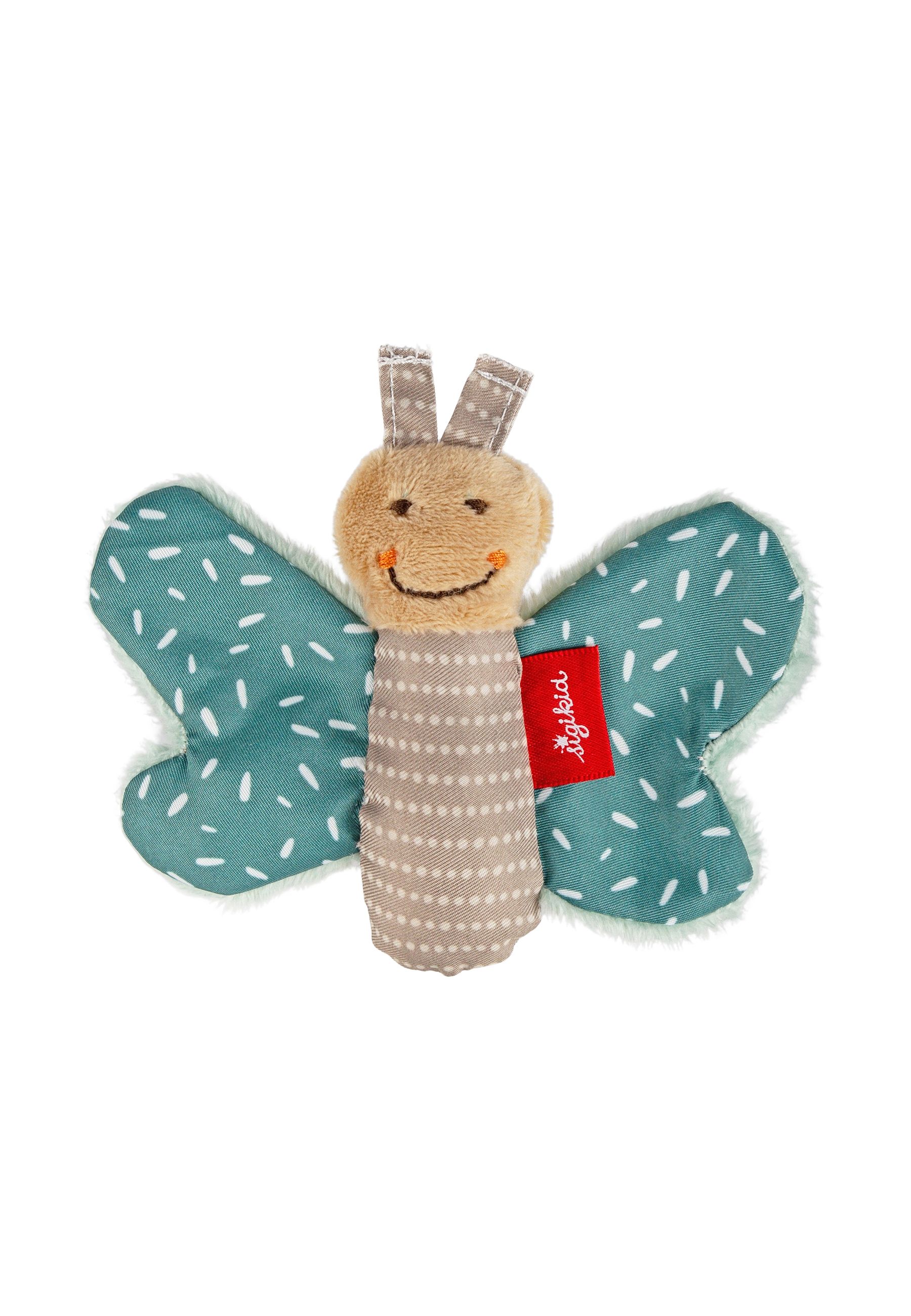 Stoffschmetterling mit gepunktetem Körper, grünen Flügeln mit weißen Strichen und einem roten Sigikid-Etikett.