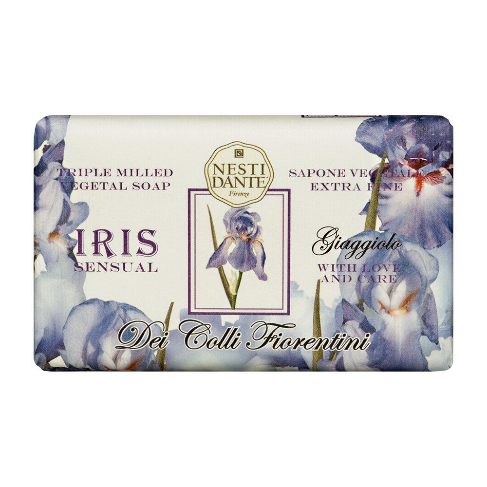 Seife mit floralem Design. Verpackung mit Iris-Motiv und Produktnamen. Marke Nesti Dante.