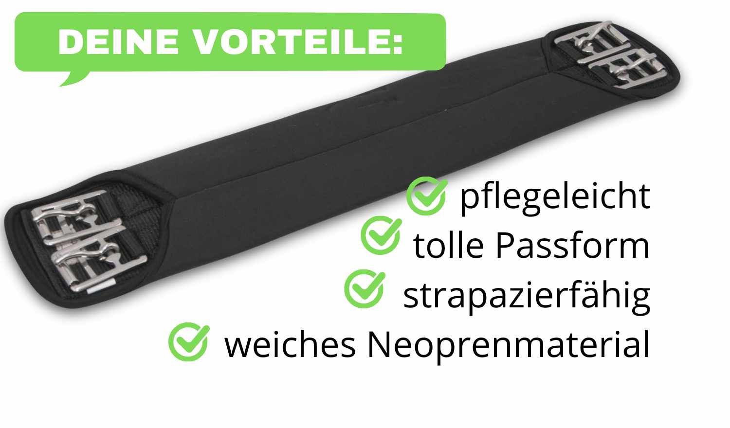 Schwarzer Sattelgurt aus Neopren mit Metallschnallen. Text: pflegeleicht, tolle Passform, strapazierfähig, weiches Neoprenmaterial.