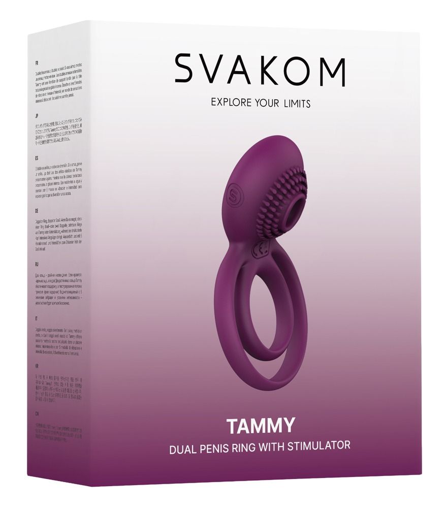 Verpackung mit Produkt. SVAKOM-Logo und Produktname TAMMY. Dualer Penisring mit Stimulator. Lila Produkt auf weißem Hintergrund.