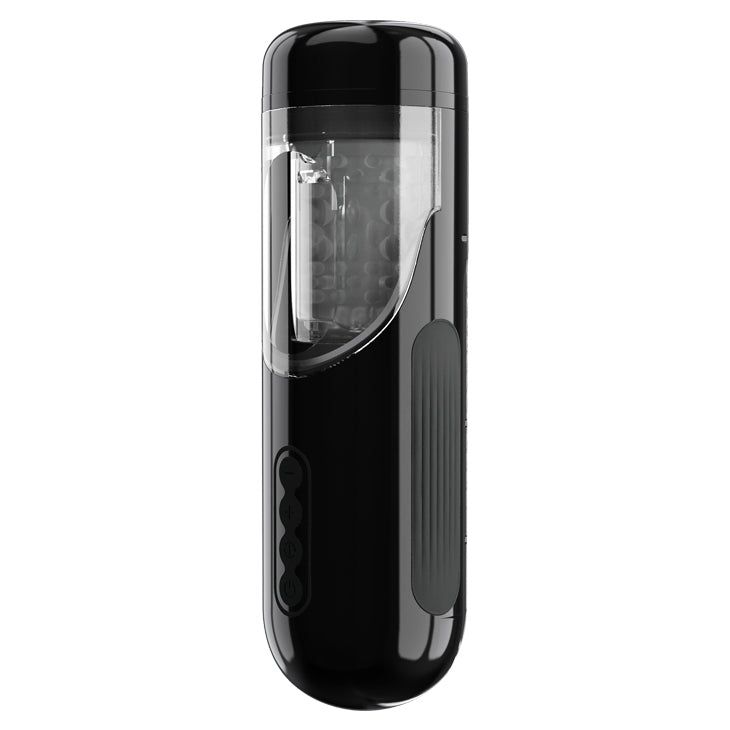 Schwarzes, zylindrisches Gerät mit transparentem Einsatz. Seitlich Bedienknöpfe und eine längliche Vertiefung.