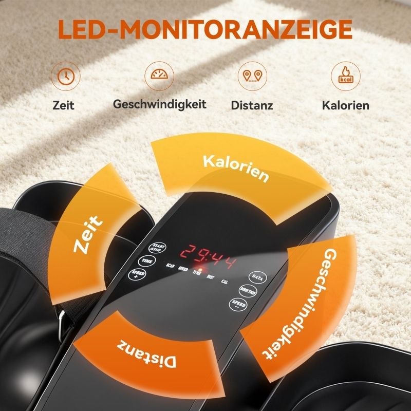 Mini-Ellipsentrainer. LED-Monitoranzeige. Zeigt Zeit, Geschwindigkeit, Distanz und Kalorien an. Bedienfeld mit Tasten.