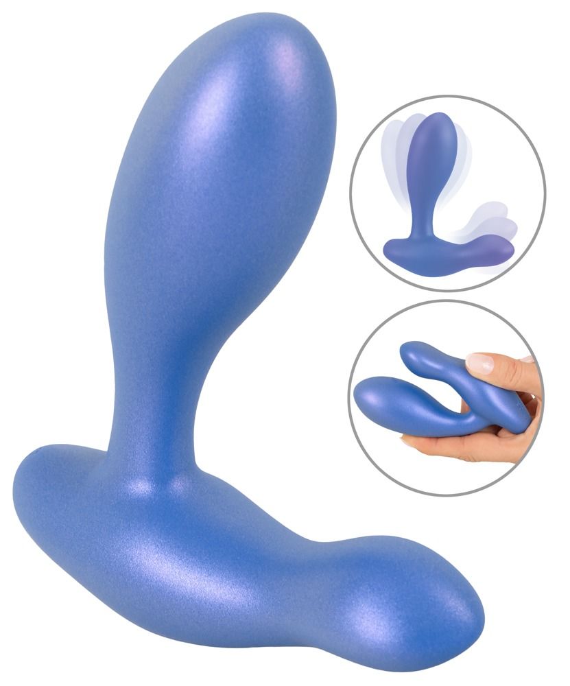Blauer Analvibrator mit schimmernder Oberfläche, zeigt Flexibilität und Handhabung.