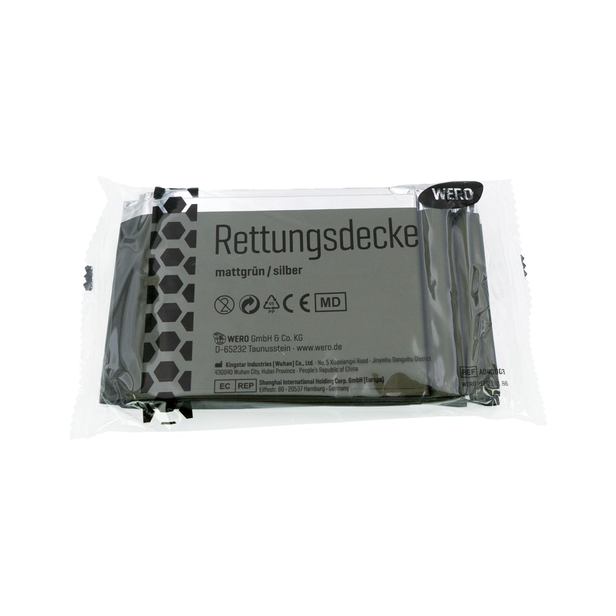 Rettungsdecke in Folienverpackung. Text: mattgrün/silber, CE-Kennzeichnung, WERO Logo.
