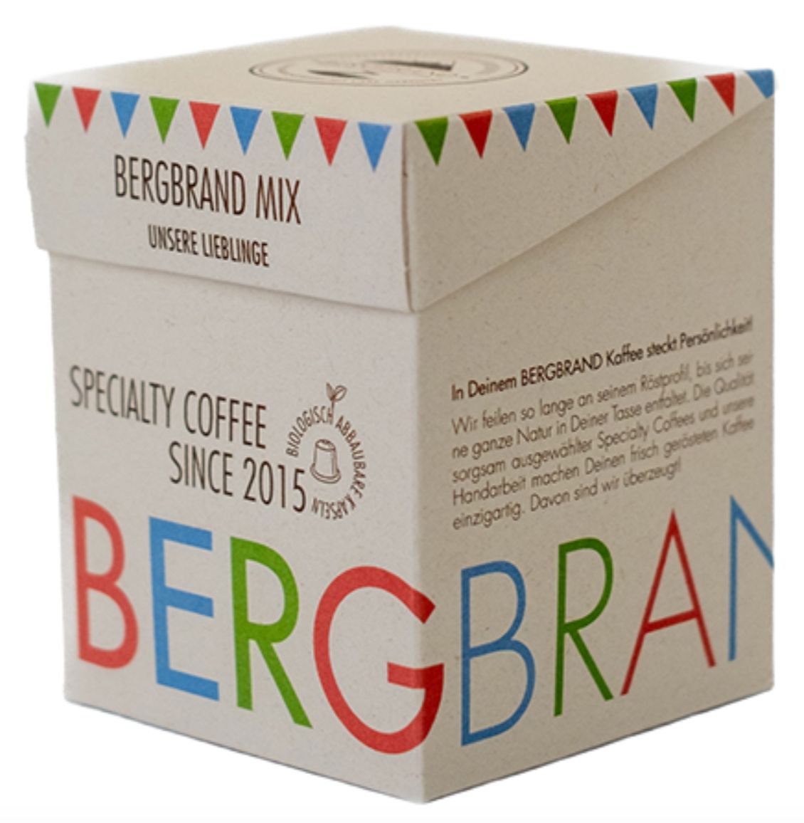 Verpackung. BERGBRAND Mix, Specialty Coffee. Quadratische Box mit Text und Logo.
