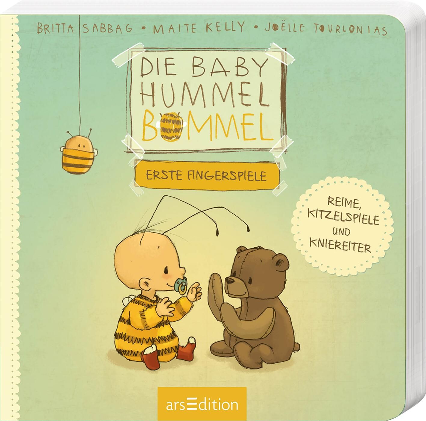 Buchcover mit Titel "Die Baby Hummel Bommel". Illustration: Baby im Bienenkostüm, Teddybär. Text: Erste Fingerspiele, Reime, Kitzelspiele.