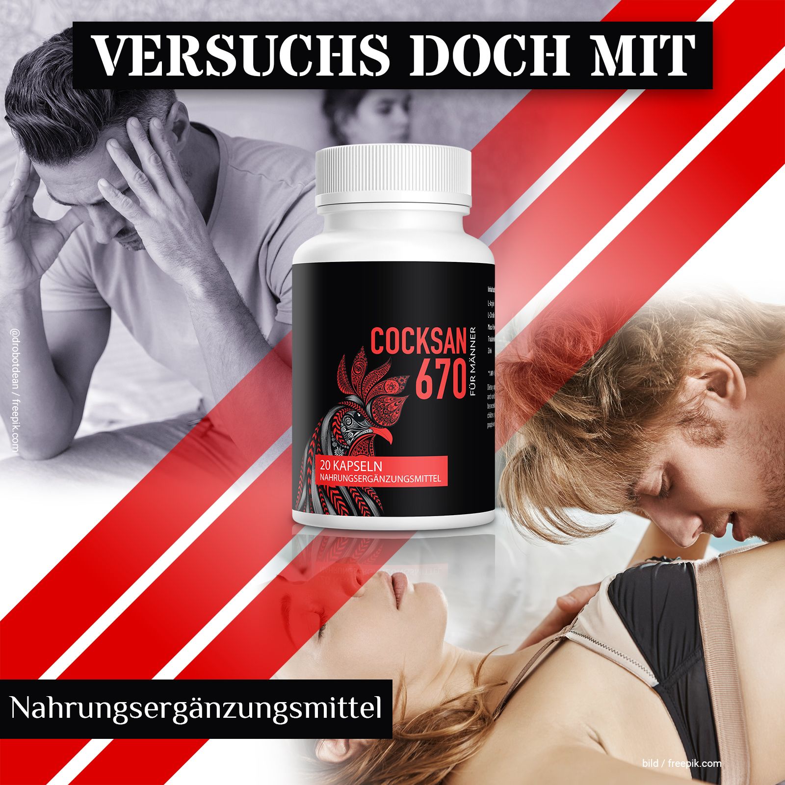 Weiße Flasche mit schwarzem Etikett. Aufschrift: Cocksan 670, 20 Kapseln, Nahrungsergänzungsmittel. Hintergrund: Paare, rote Streifen.