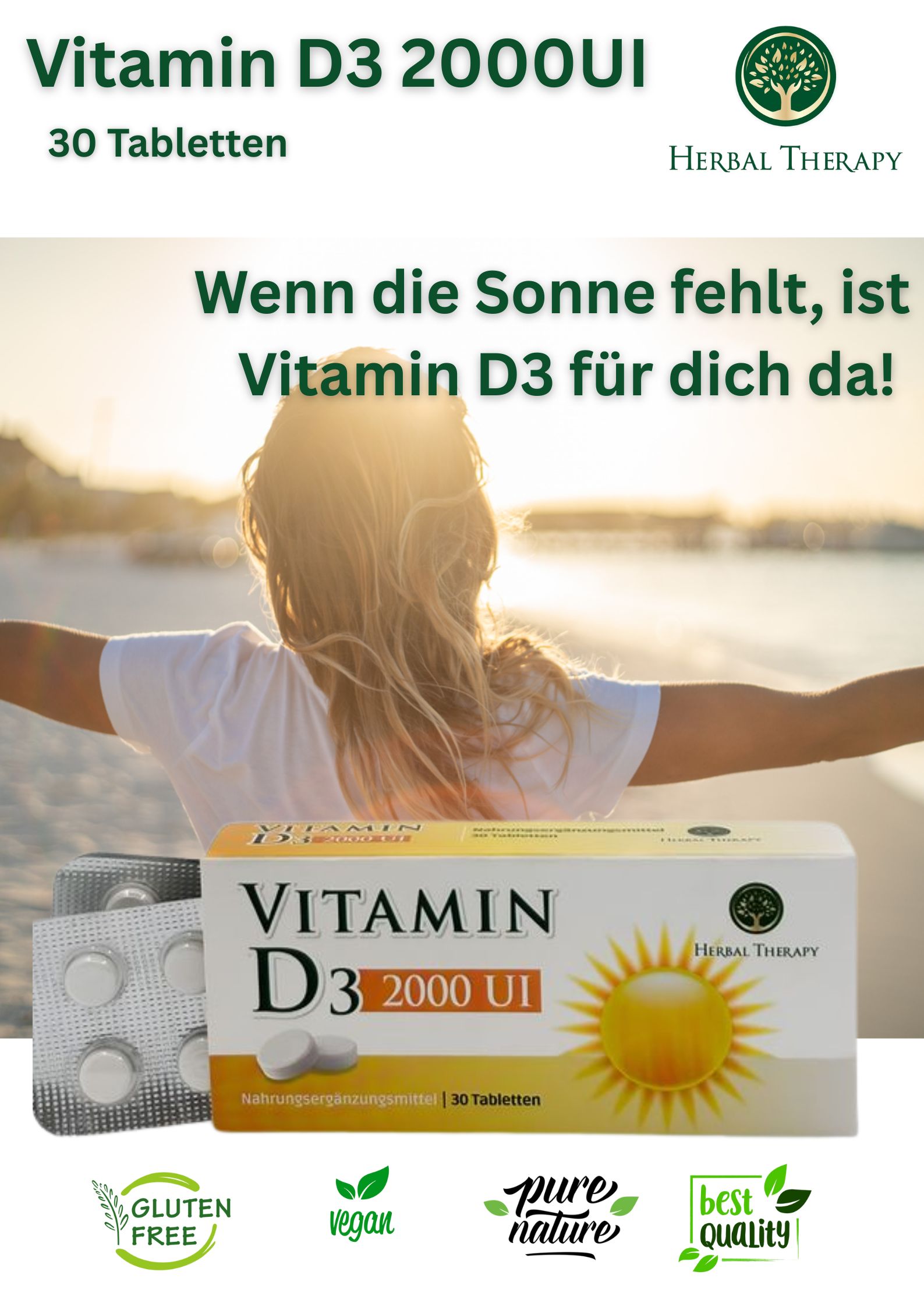 Werbebild mit Vitamin D3 2000 UI Tabletten-Schachtel. Frau, Sonne, Text: Wenn die Sonne fehlt, ist Vitamin D3 für dich da!