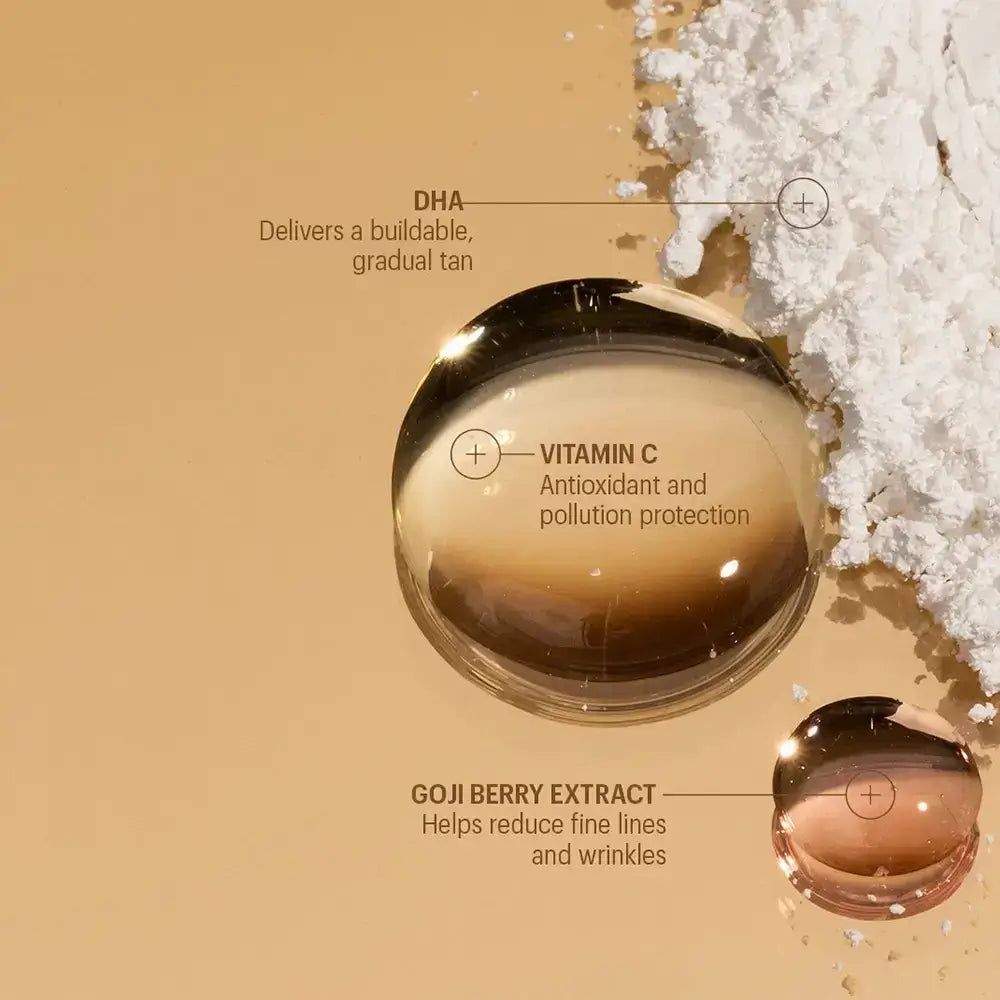 Nahaufnahme von Inhaltsstoffen. DHA, Vitamin C, Goji-Beeren-Extrakt. Hilft, feine Linien und Falten zu reduzieren.