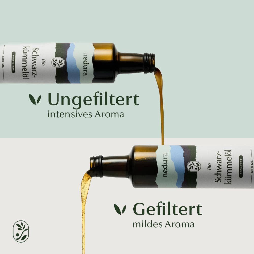 Zwei Flaschen Öl gießen. Text: Ungefiltert, intensives Aroma. Gefiltert, mildes Aroma. Marke nedura.