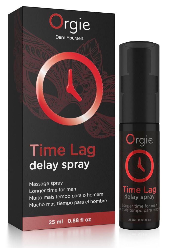 Schwarze Sprühflasche und Verpackung. Produktname: Time Lag delay spray. Marke: Orgie. 25 ml.