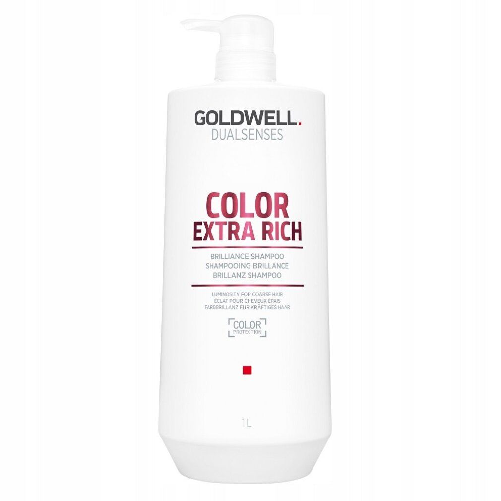 Weiße Shampoo-Flasche mit Pumpe. Aufschrift: Goldwell Dualsenses Color Extra Rich. Brilliance Shampoo. 1L.