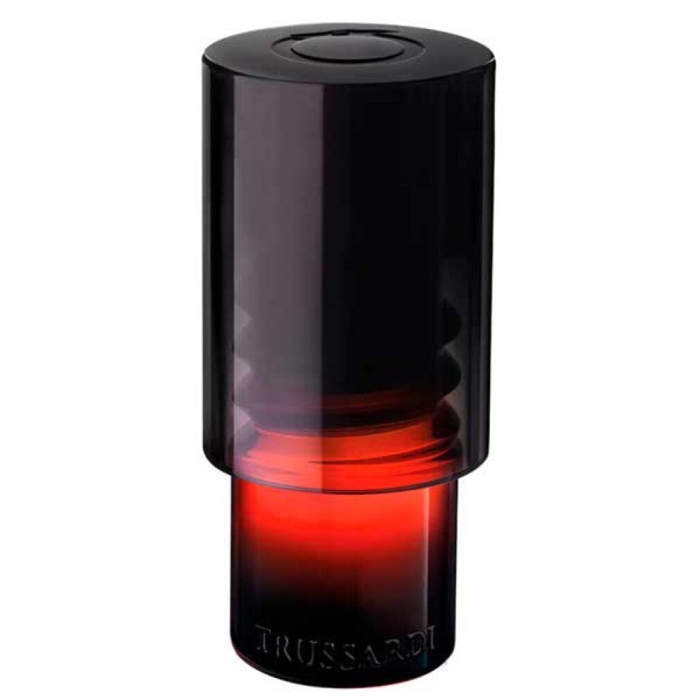 Zylindrische Flasche mit schwarzem Deckel und rotem Farbverlauf. Unten steht "TRUSSARDI".