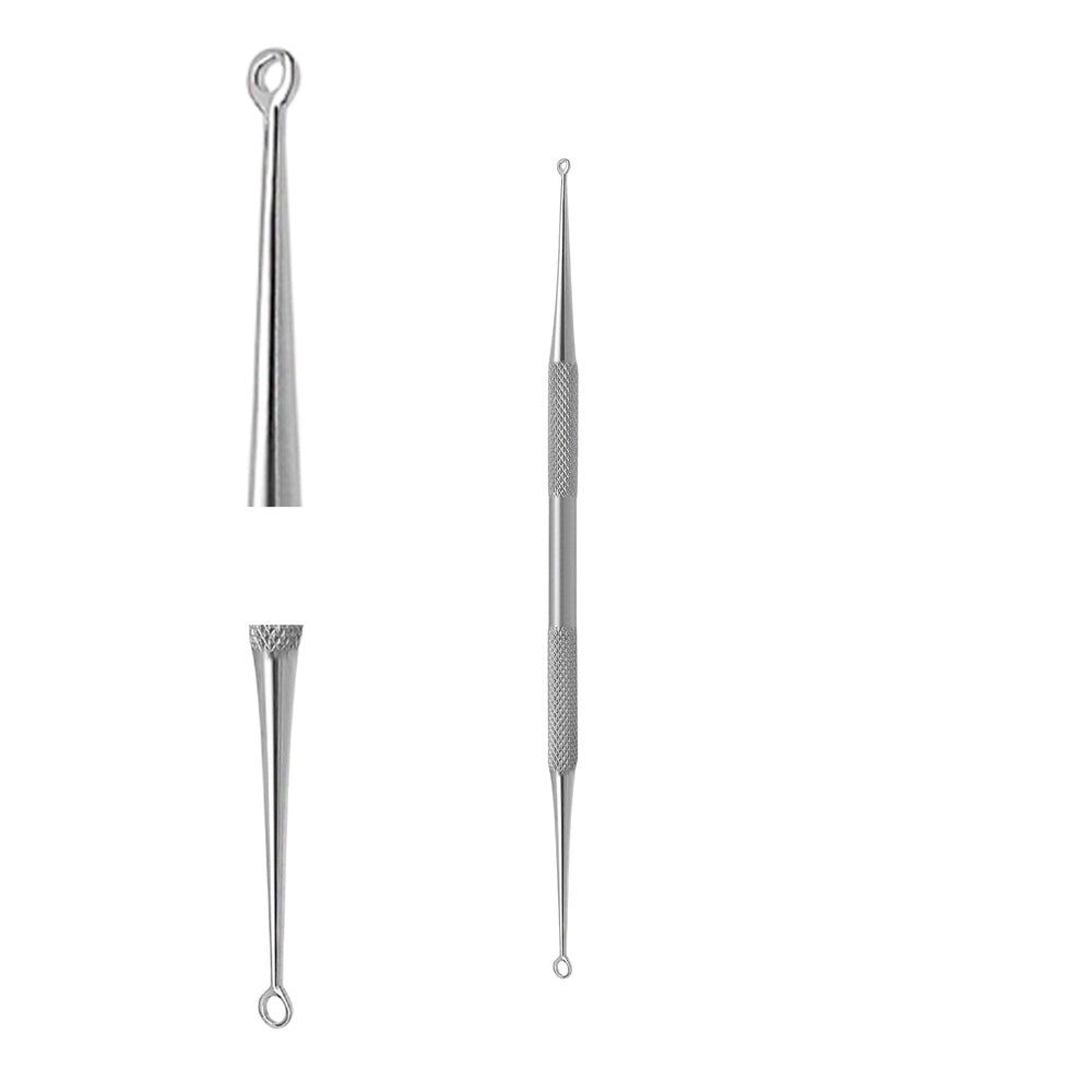 Komedonenheber aus Metall, mit Schlaufe und spitzem Ende. Zwei separate Teile und ein montiertes Exemplar.