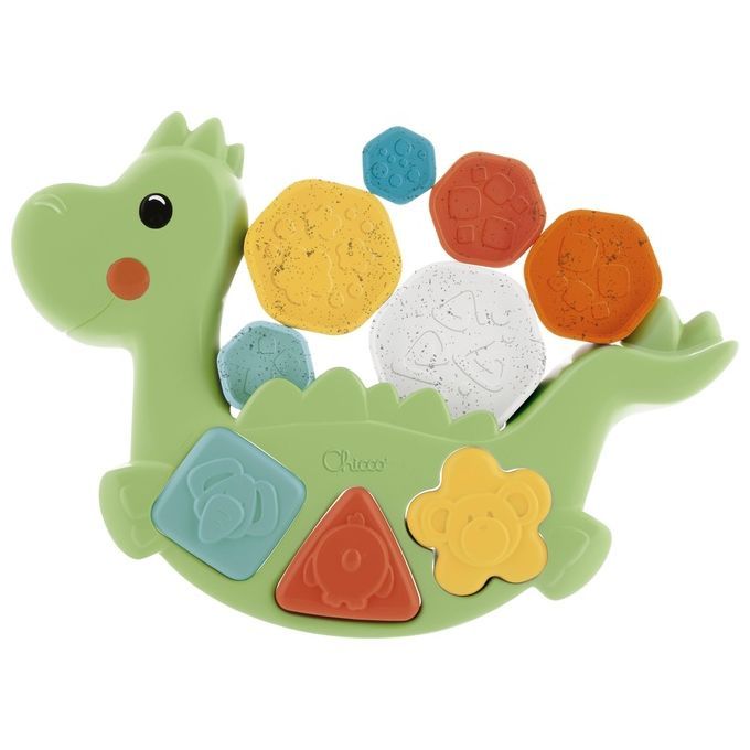 Grünes Dino-Spielzeug mit farbigen Formen zum Einsetzen. Verschiedene geometrische Formen und eine Marke sind sichtbar.
