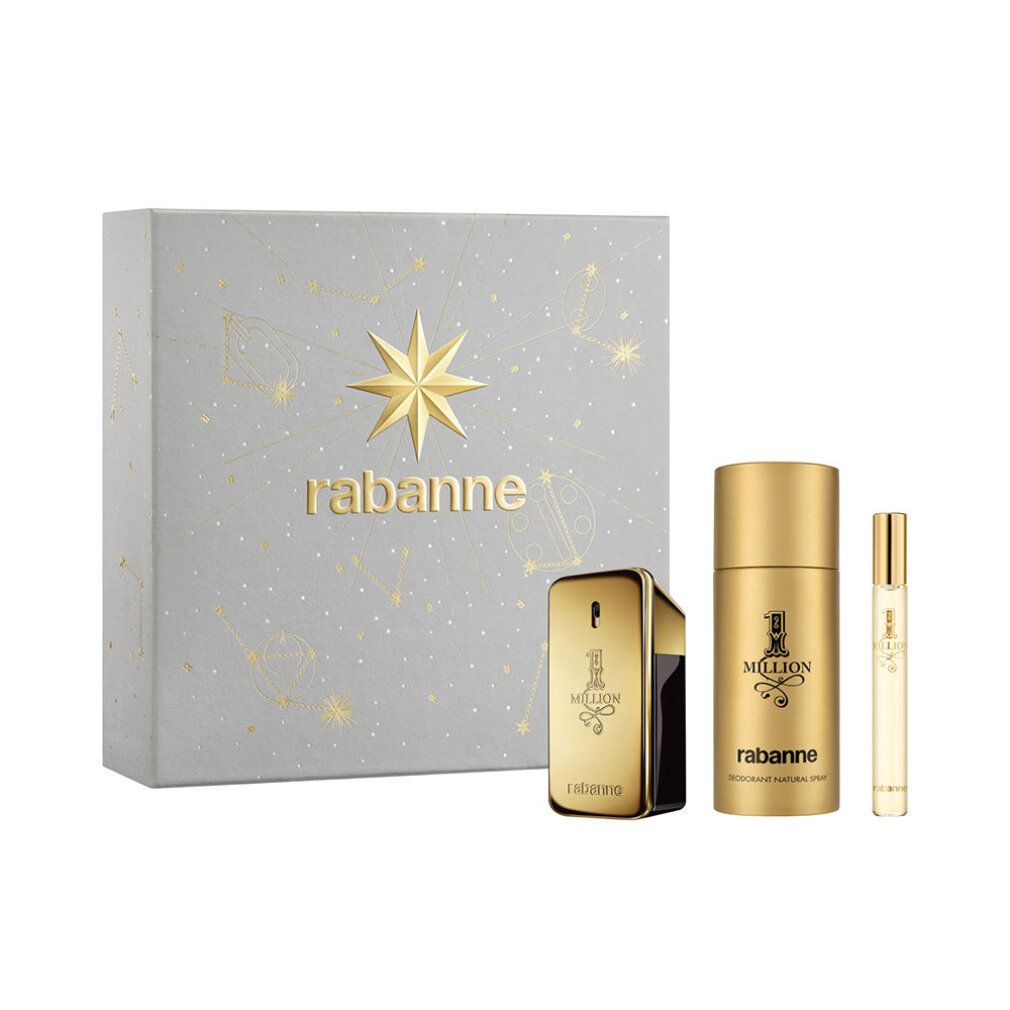 Rabanne 1 Million Geschenkset mit Eau de Toilette, Deospray und Reisezerstäuber.