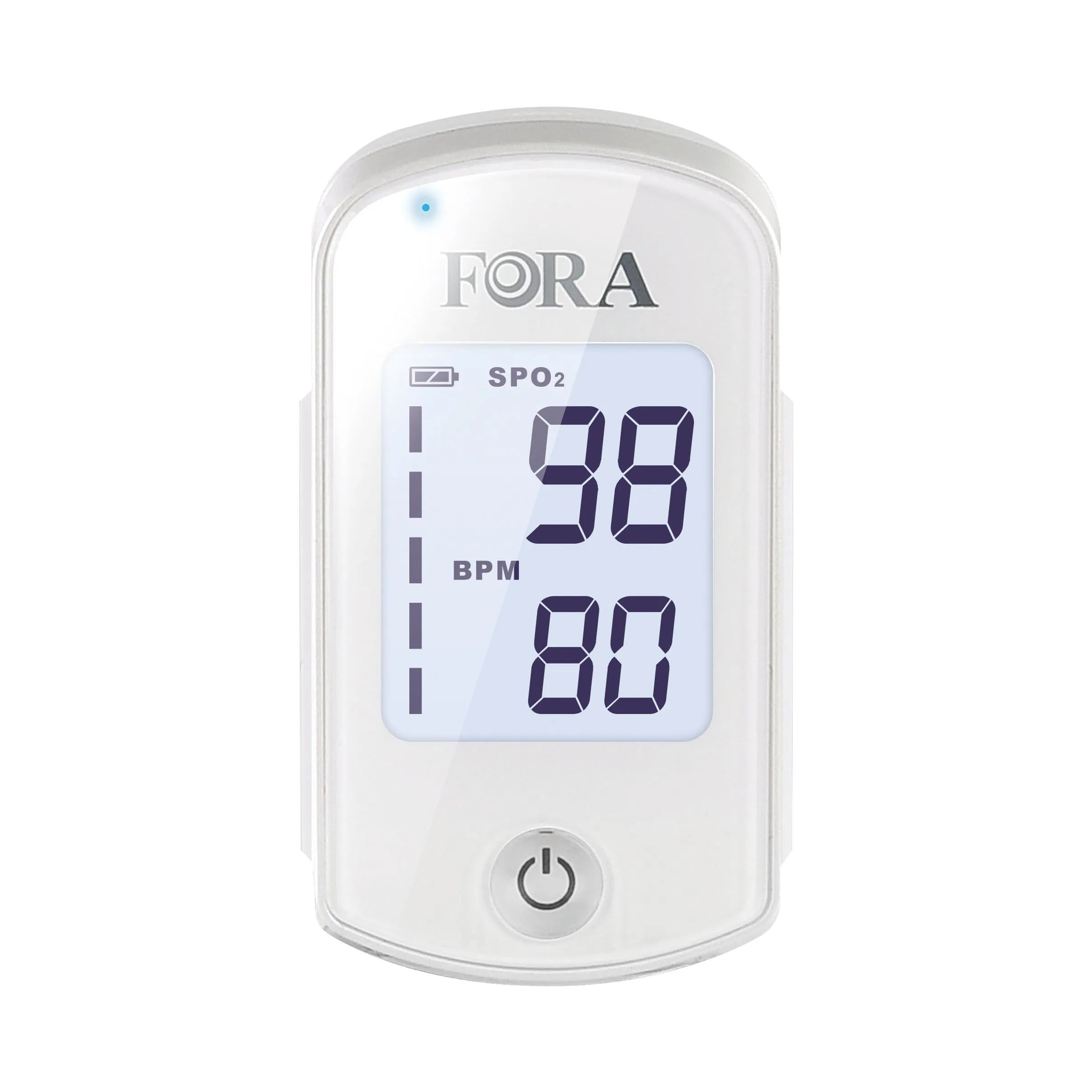 FORA PO200 Pulsoximeter mit digitaler Anzeige für SpO2 und Pulsfrequenz. Weißes Gehäuse mit Ein-/Aus-Taste.