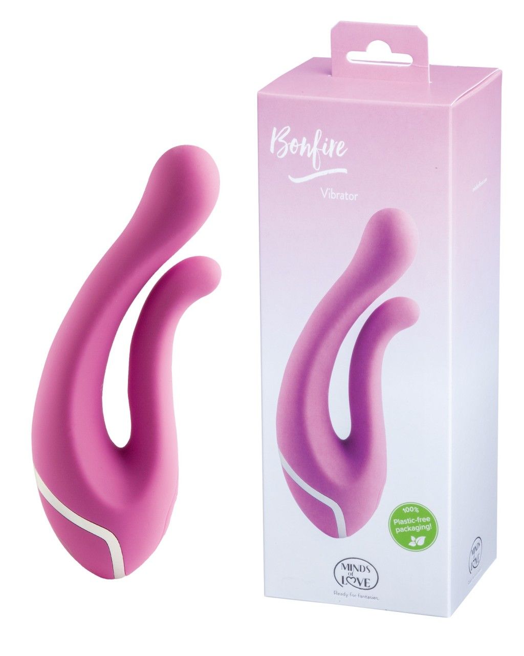 Rosa Vibrator neben Verpackung. Verpackung mit Bonfire-Logo, Vibrator-Bezeichnung und MINDS of LOVE-Logo. 100% plastikfreie Verpackung.