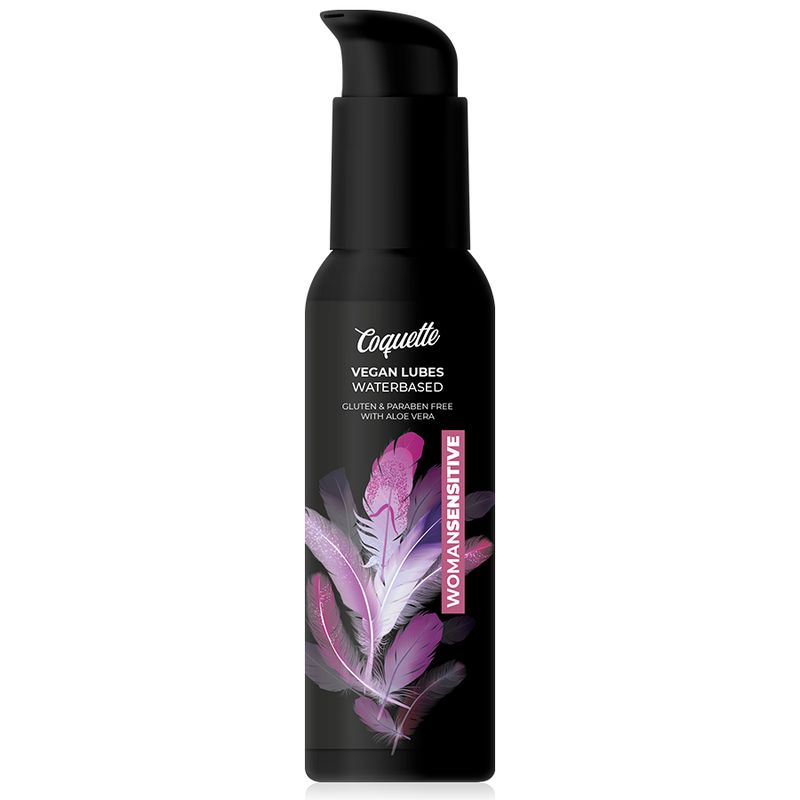 Coquette veganes Gleitgel, wasserbasiert, WomanSensitive. Schwarze Flasche mit Pumpspender und Feder-Design.