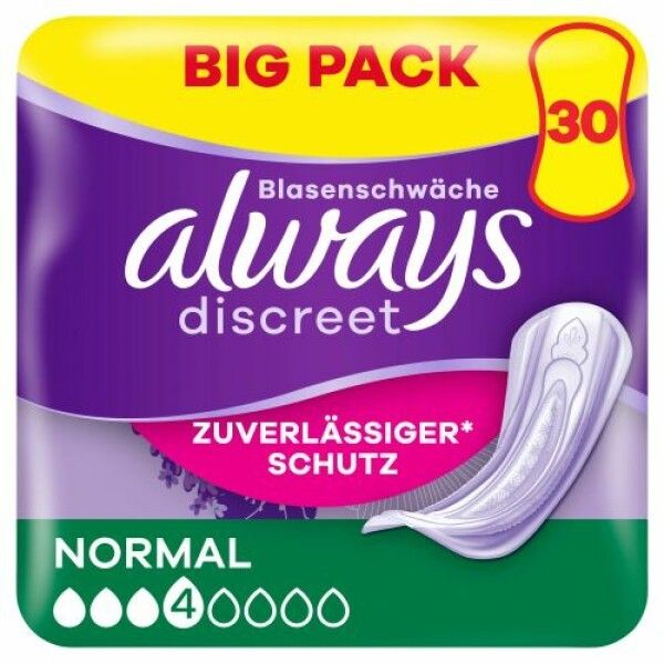 Packung Always Discreet Inkontinenzeinlagen, gelb-lila. Aufschrift: "BIG PACK 30", "Blasenschwäche", "ZUV. SCHUTZ".