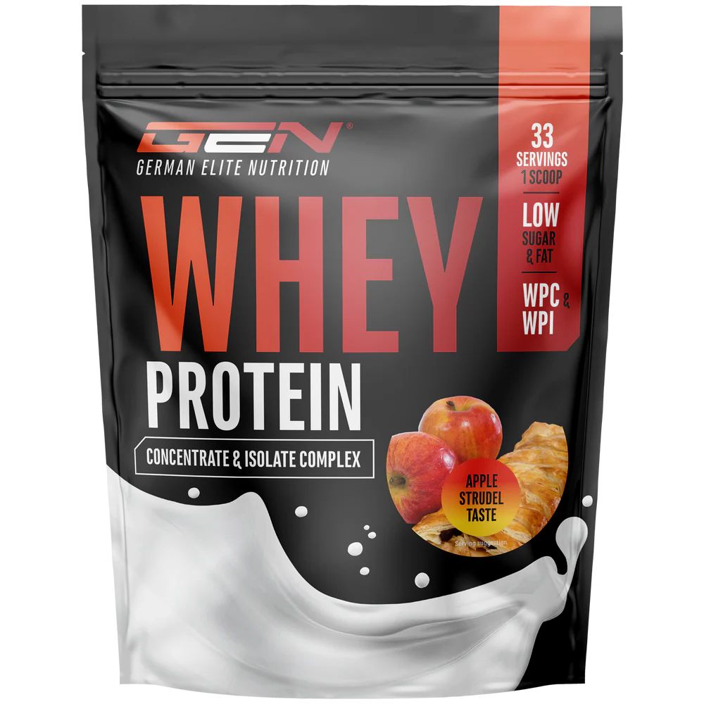 GEN Whey Protein Komplex-Beutel. Schwarzer Beutel mit roter Schrift. Apfelstrudel-Geschmack. Milchspritzer. 33 Portionen. WPC/WPI.