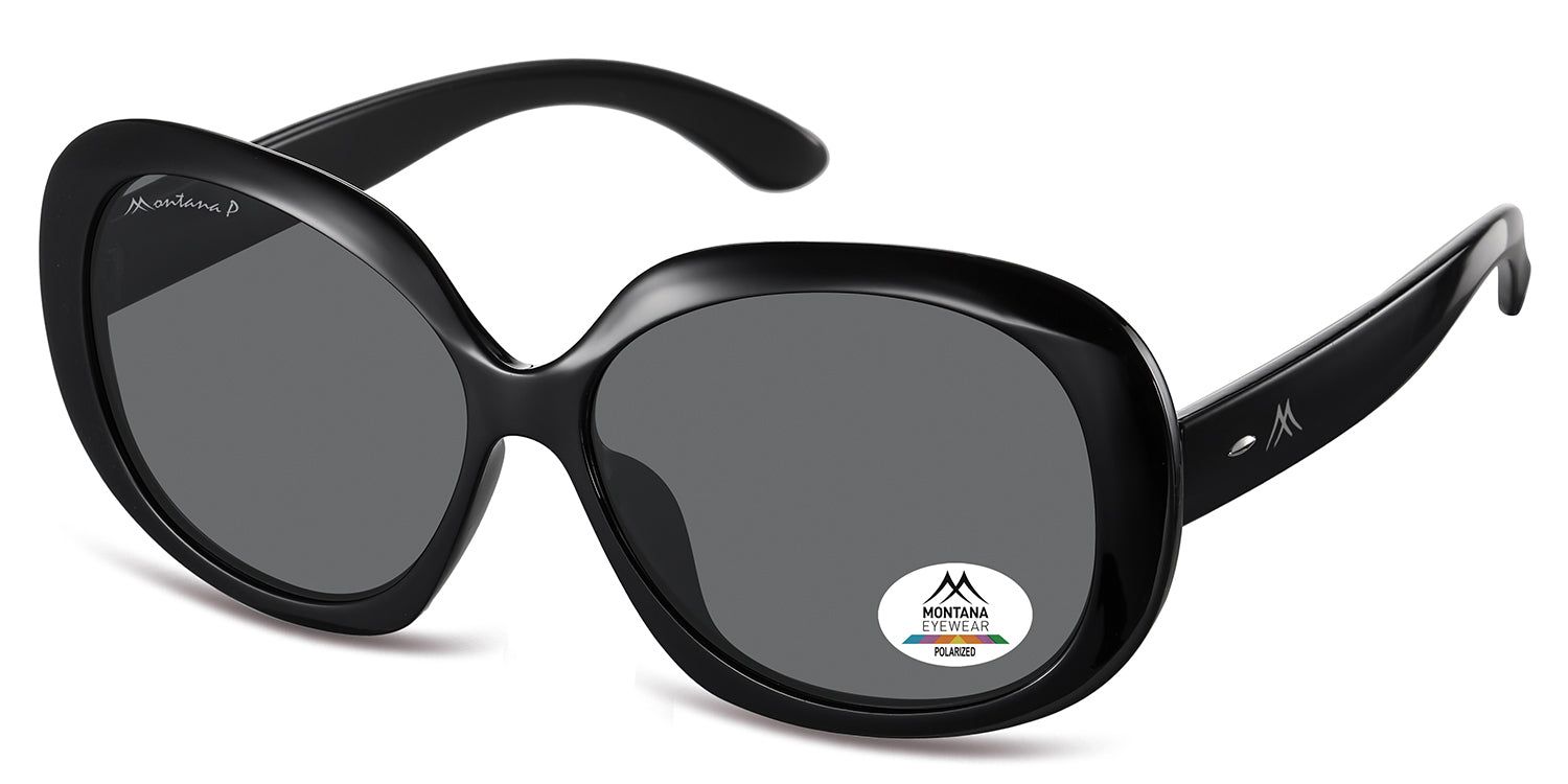 Schwarze Sonnenbrille, seitliche Ansicht. Graue Gläser, ovales Gestell. Montana Eyewear Logo auf dem Glas und Bügel. Polarisierte Gläser.