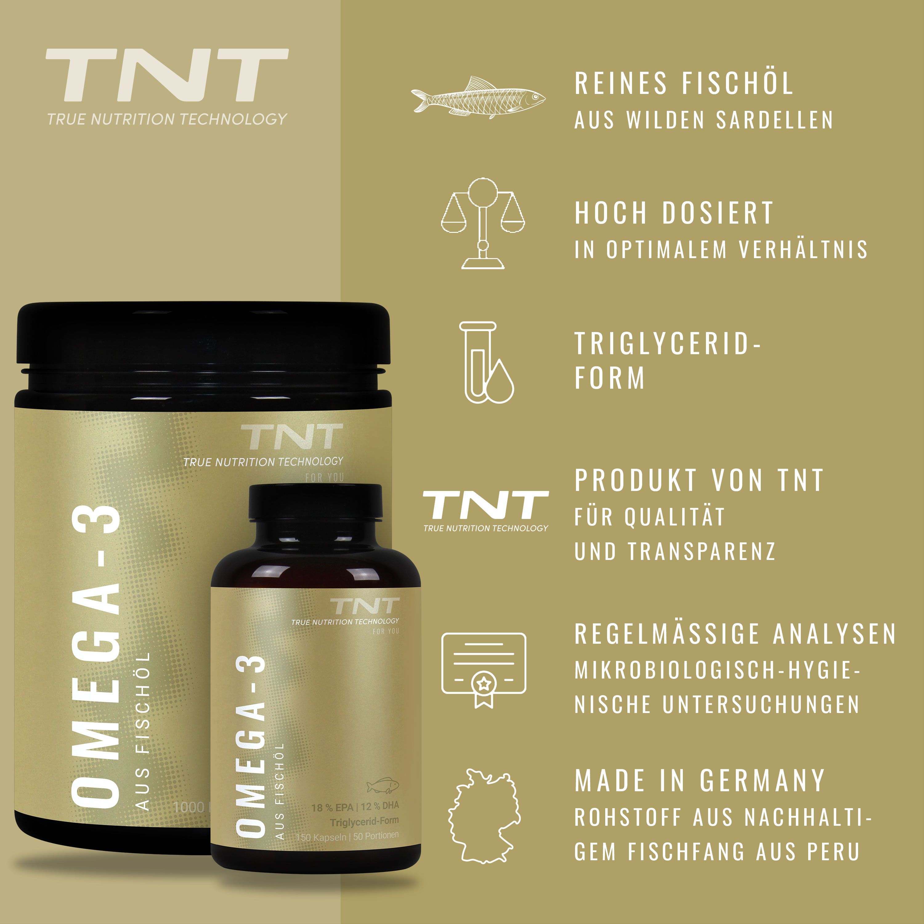 Zwei Flaschen TNT Omega-3 Fischöl. Text: Reines Fischöl, hoch dosiert, Triglycerid-Form, Produkt von TNT, Made in Germany.
