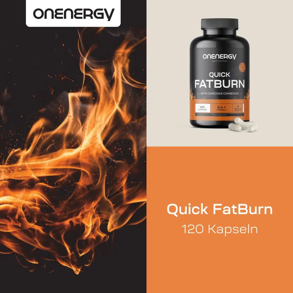 Onenergy Quick FatBurn Dose neben Flammen-Illustration. 120 Kapseln.